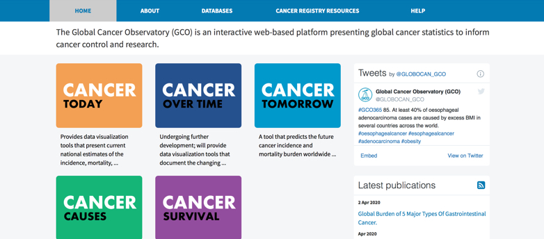 <p><strong>International Agency for Research in Cance</strong>r<strong> Global Cancer Observatory</strong></p>
<p>The Global Cancer Observatory (GCO) is an interactive web-based platform presenting global cancer statistics to inform cancer control and research.</p>
